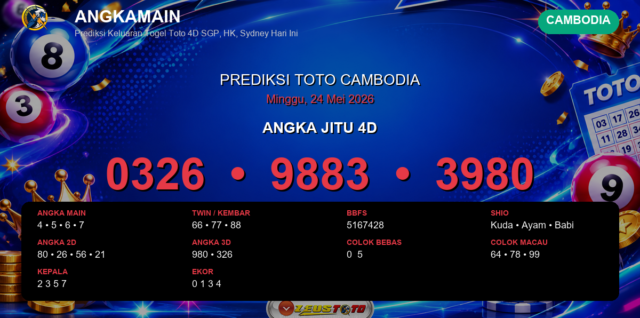 Prediksi togel Cambodia hari ini lengkap 2D 3D 4D 24 Mei 2026