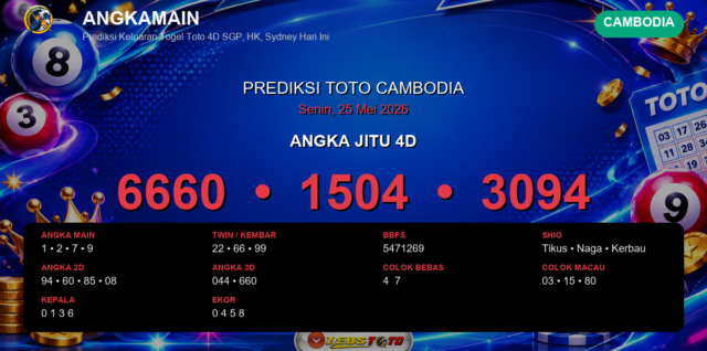 Prediksi togel Cambodia hari ini lengkap 2D 3D 4D 25 Mei 2026