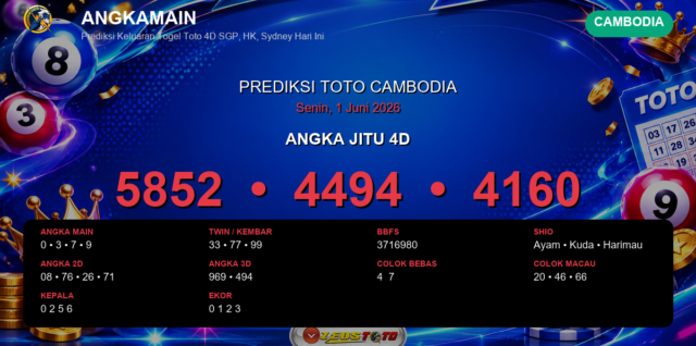 Prediksi togel Cambodia hari ini lengkap 2D 3D 4D 1 Juni 2026