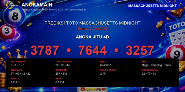 Prediksi togel Massachusetts Midnight hari ini lengkap 2D 3D 4D 2 Juni 2026