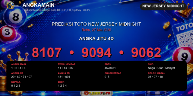Prediksi togel New Jersey Midnight hari ini lengkap 2D 3D 4D 27 Mei 2026