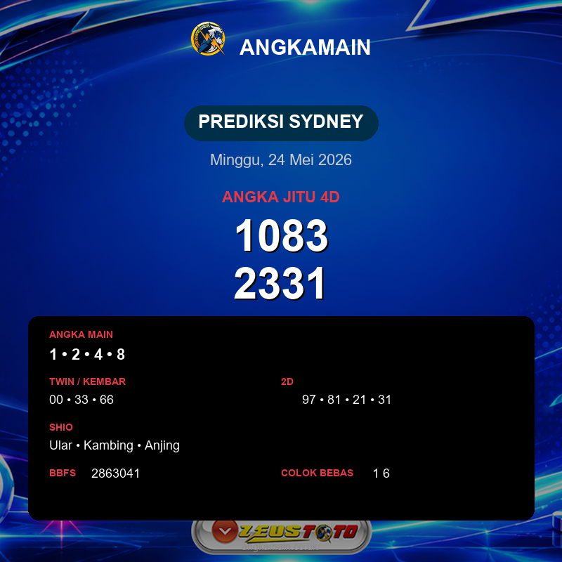 Prediksi togel Sydney hari ini lengkap 2D 3D 4D 24 Mei 2026