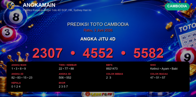 Prediksi togel Cambodia hari ini lengkap 2D 3D 4D 3 Juni 2026