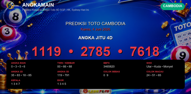 Prediksi togel Cambodia hari ini lengkap 2D 3D 4D 4 Juni 2026