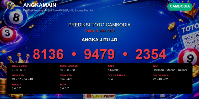 Prediksi togel Cambodia hari ini lengkap 2D 3D 4D 6 Juni 2026
