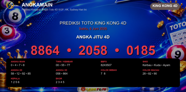 Prediksi togel King Kong 4D hari ini lengkap 2D 3D 4D 6 Juni 2026