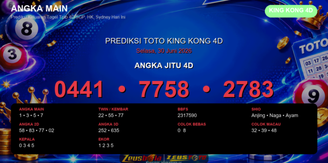 Prediksi togel King Kong 4D hari ini lengkap 2D 3D 4D 30 Juni 2026