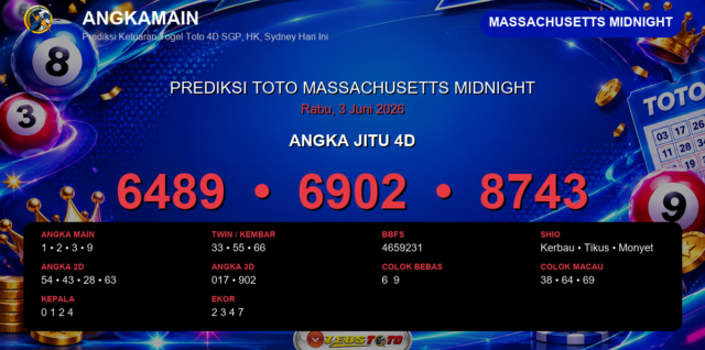 Prediksi togel Massachusetts Midnight hari ini lengkap 2D 3D 4D 3 Juni 2026