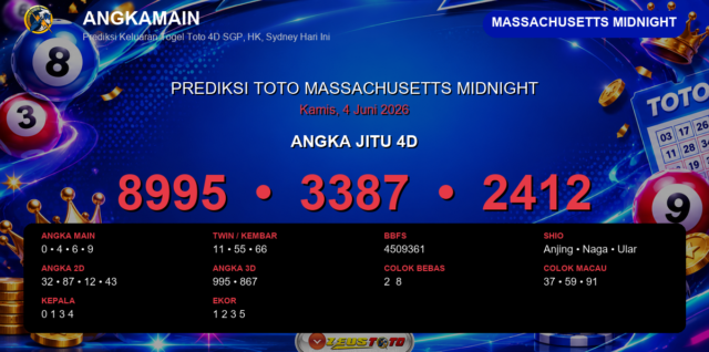Prediksi togel Massachusetts Midnight hari ini lengkap 2D 3D 4D 4 Juni 2026