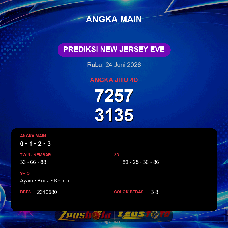 Prediksi togel New Jersey EVE hari ini lengkap 2D 3D 4D 24 Juni 2026