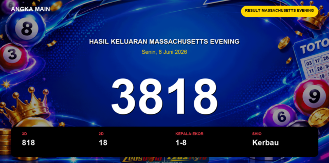 Result Massachusetts Evening hari ini 8 Juni 2026 angka 3818