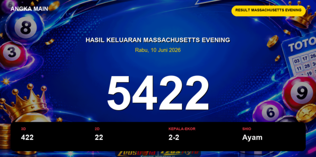 Result Massachusetts Evening hari ini 10 Juni 2026 angka 5422