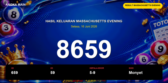 Result Massachusetts Evening hari ini 16 Juni 2026 angka 8659