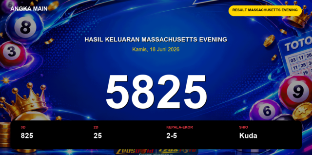 Result Massachusetts Evening hari ini 18 Juni 2026 angka 5825