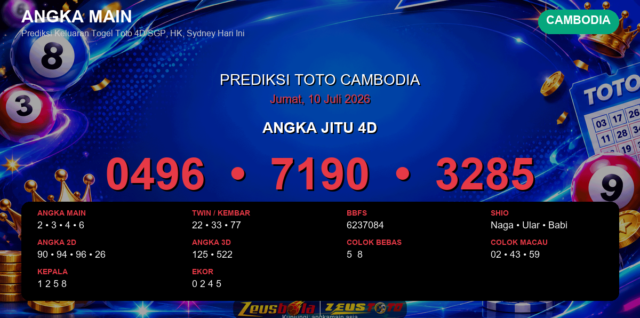 Prediksi togel Cambodia hari ini lengkap 2D 3D 4D 10 Juli 2026