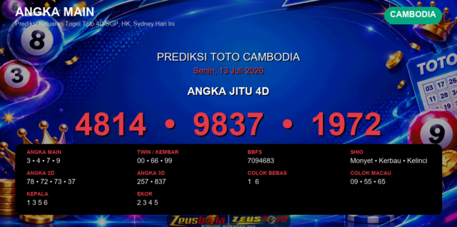 Prediksi togel Cambodia hari ini lengkap 2D 3D 4D 13 Juli 2026