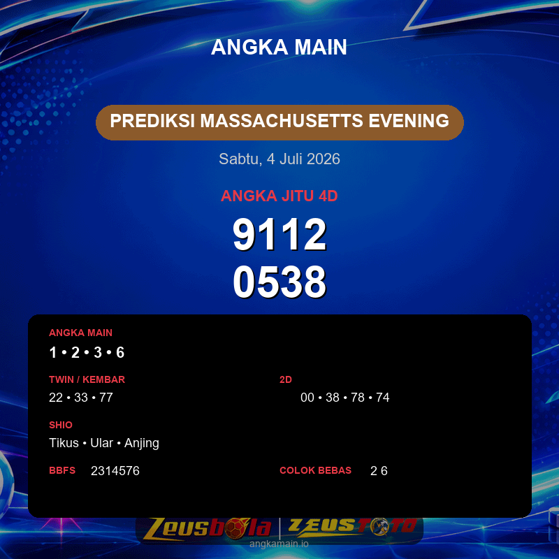 Prediksi togel Massachusetts Evening hari ini lengkap 2D 3D 4D 4 Juli 2026