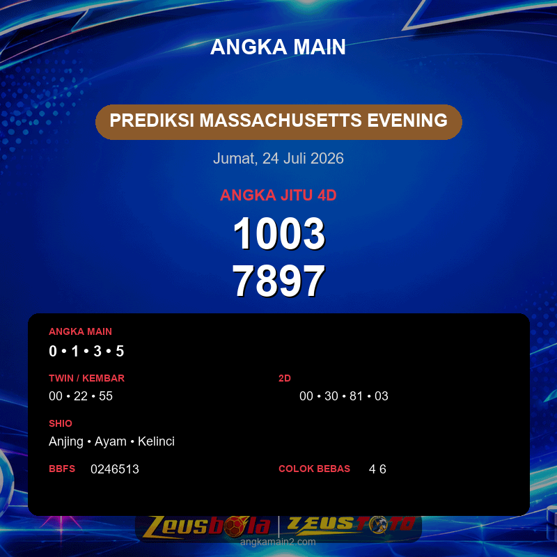 Prediksi togel Massachusetts Evening hari ini lengkap 2D 3D 4D 24 Juli 2026