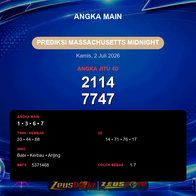 Prediksi togel Massachusetts Midnight hari ini lengkap 2D 3D 4D 2 Juli 2026