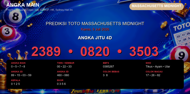 Prediksi togel Massachusetts Midnight hari ini lengkap 2D 3D 4D 9 Juli 2026