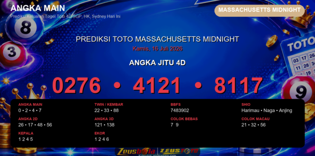 Prediksi togel Massachusetts Midnight hari ini lengkap 2D 3D 4D 16 Juli 2026