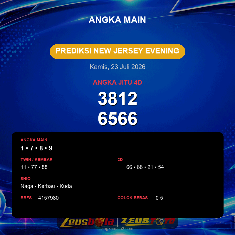 Prediksi togel New Jersey Evening hari ini lengkap 2D 3D 4D 23 Juli 2026