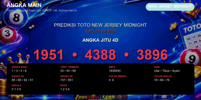 Prediksi togel New Jersey Midnight hari ini lengkap 2D 3D 4D 15 Juli 2026