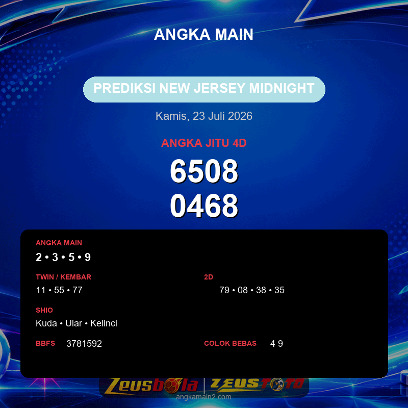 Prediksi togel New Jersey Midnight hari ini lengkap 2D 3D 4D 23 Juli 2026