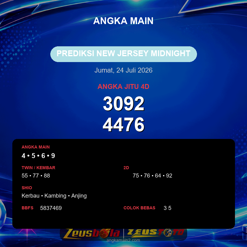 Prediksi togel New Jersey Midnight hari ini lengkap 2D 3D 4D 24 Juli 2026