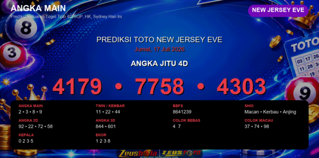 Prediksi togel New Jersey EVE hari ini lengkap 2D 3D 4D 17 Juli 2026