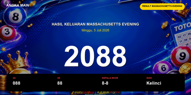Result Massachusetts Evening hari ini 5 Juli 2026 angka 2088
