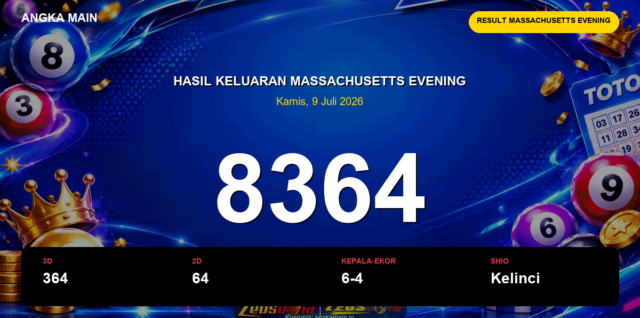 Result Massachusetts Evening hari ini 9 Juli 2026 angka 8364
