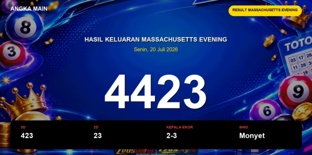 Result Massachusetts Evening hari ini 20 Juli 2026 angka 4423