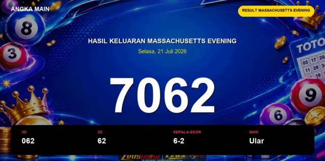 Result Massachusetts Evening hari ini 21 Juli 2026 angka 7062